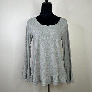 Umgee Heather Gray Ribbed Bell Sleeve Lace Back Ruffle Hem Long Sleeve Top